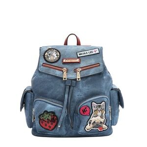Nicole Lee Denim Blue Backpack with Fun Patches